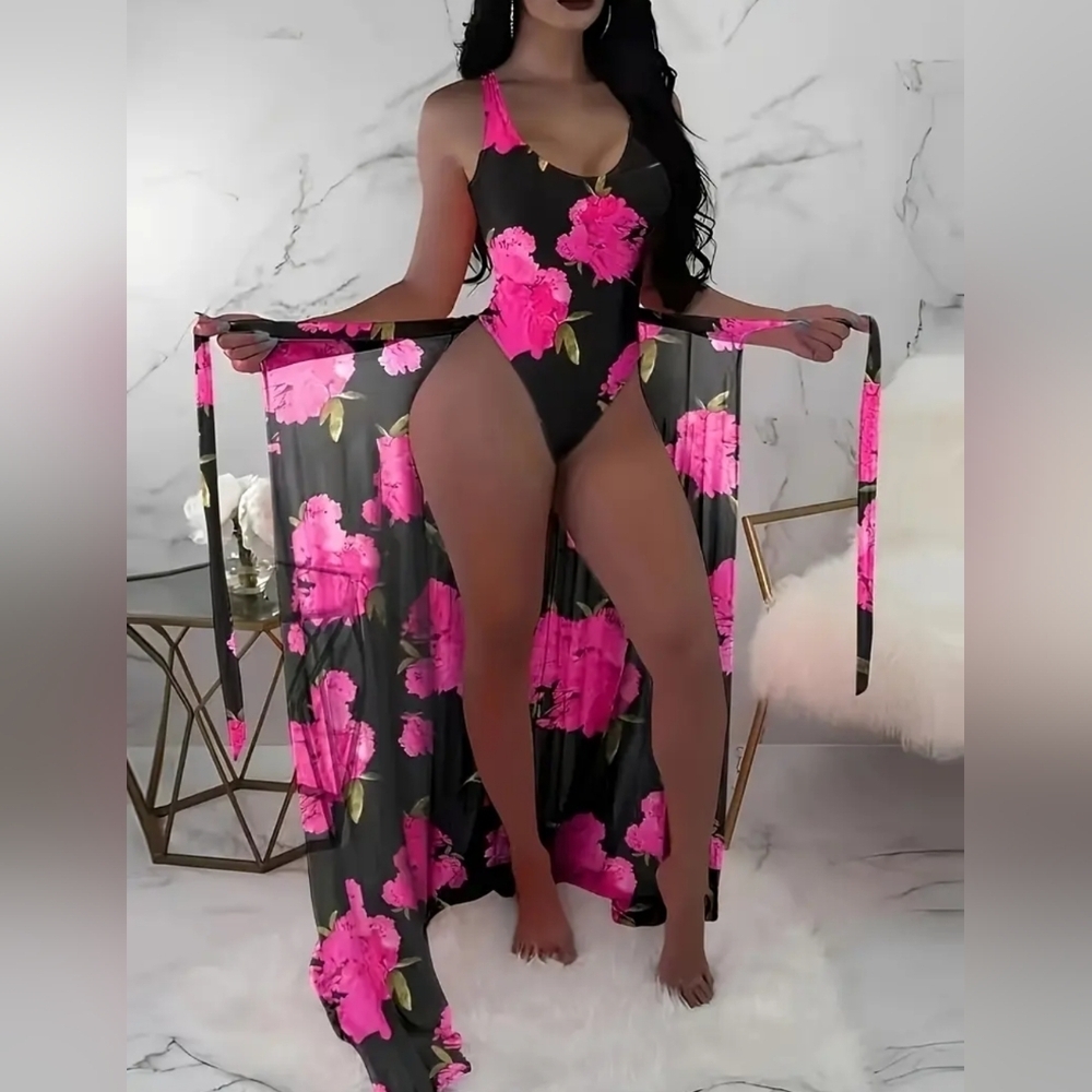 Women’s Black One-Piece Swimsuit with Pink Floral Print - Brand